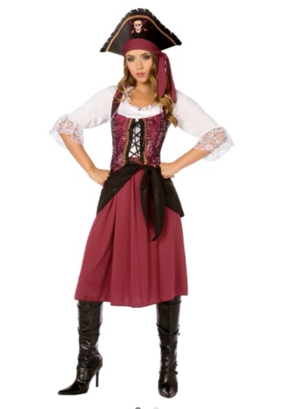 Women's Halloween Burgundy Pirate Costume with Lace Bodice and Headscarf Small